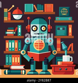 Un robot convivial dans un cadre de bibliothèque. tenant un livre ouvert et entouré par des étagères. Parfait pour illustrer des concepts comme l'IA. éducation. knowl Illustration de Vecteur