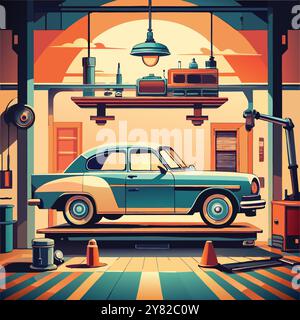 Une voiture vintage. soulevé sur un ascenseur de garage. entouré de détails rétro. Parfait pour les projets sur les voitures classiques. réparation automobile. ou des designs nostalgiques. Illustration de Vecteur