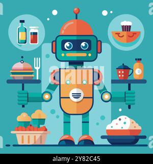 Un serveur robot sympathique sert de la nourriture et des boissons délicieuses. Parfait pour illustrer l'automatisation. technologie. ou des concepts de restaurant. Illustration de Vecteur