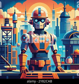 Un robot futuriste se tient sur un toit surplombant un paysage urbain. avec un schéma de couleurs orange et bleu vif. Cette image est parfaite pour illustrer le Illustration de Vecteur