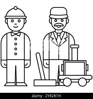 Un simple dessin au trait d'un conducteur de train et d'un ingénieur. idéal pour les livres pour enfants. matériel pédagogique. ou graphiques de site web. Illustration de Vecteur