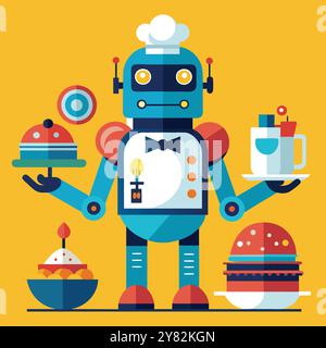 Un chef robot sympathique portant un chapeau de chef sert une variété de plats délicieux. y compris un hamburger. un gâteau. et une tasse de café. Les robots heureux expre Illustration de Vecteur