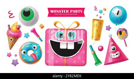 Conception de l'ensemble vectoriel d'éléments de fête de monstre d'Halloween. Éléments de décoration festifs d'Halloween comme boîte cadeau mignonne, chapeau d'anniversaire effrayant, ballon et sucette Illustration de Vecteur