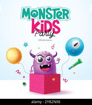 Conception de carte vectorielle de fête d'enfants monstre d'Halloween. Texte de fête de monstre d'Halloween avec des éléments de fête et caractère effrayant de créature violette dans une boîte cadeau Illustration de Vecteur