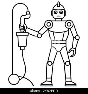 Simple dessin au trait d'un robot tenant un aspirateur. Ce mignon. l'illustration de dessin animé est parfaite pour représenter le nettoyage ménager. automatisation. Illustration de Vecteur