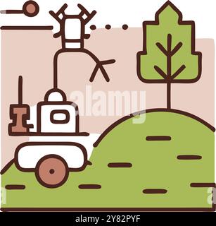 Illustration mignonne d'un rover robotique explorant un paysage vert avec un arbre. Parfait pour les projets éducatifs. technologie. et des designs sur le thème de la nature. Illustration de Vecteur