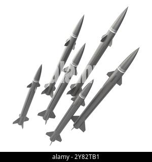 missiles balistiques militaires décollant isolés sur blanc 3d. Banque D'Images