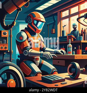 Un robot futuriste est assis sur un établi dans un atelier. son corps orange et argenté mis en évidence par la lumière vive filtrant à travers la fenêtre. Le Illustration de Vecteur