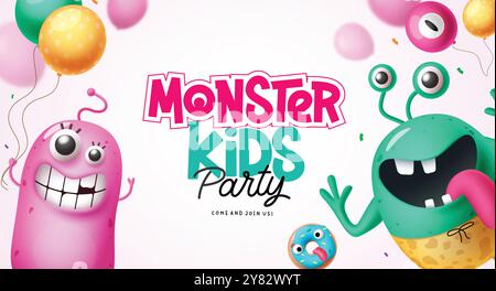 Conception de bannière vectorielle de fête d'enfants monstre d'Halloween. Texte de fête d'enfants monstre d'Halloween avec des personnages de dessins animés mignons et heureux pour invitation saisonnière Illustration de Vecteur