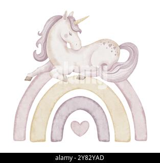 Licorne sur l'illustration de l'aquarelle arc-en-ciel. Dessin de cheval de conte de fées avec corne dans des couleurs rose pastel pour des cartes de voeux de douche de bébé ou des invitations de fête d'anniversaire de fille. Art pour affiche de pépinière. Banque D'Images