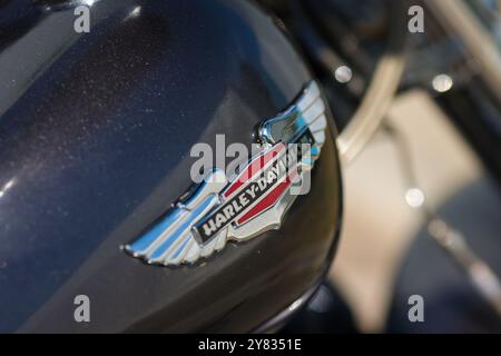 Bucarest, Roumanie - 2 octobre 2024 : détails de faible profondeur de champ (mise au point sélective) avec le logo Harley Davidson sur une moto. Banque D'Images