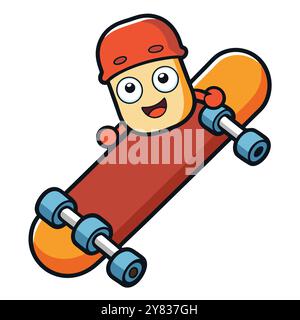 Un personnage de skateboard joyeux avec un grand sourire et un casque rouge. parfait pour les produits enfants. image de marque. et les réseaux sociaux. Illustration de Vecteur