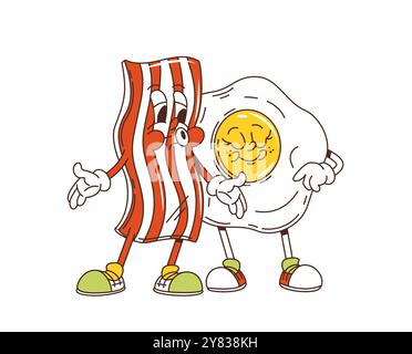 Dessin animé rétro groovy petit déjeuner bacon et personnages d'oeufs. Mignon et drôle vecteur amis personnages de nourriture câliner, câlin et se réjouir ensemble. Les ingrédients kawaii funky isolés dégagent des vibrations chaleureuses de l'amitié Illustration de Vecteur