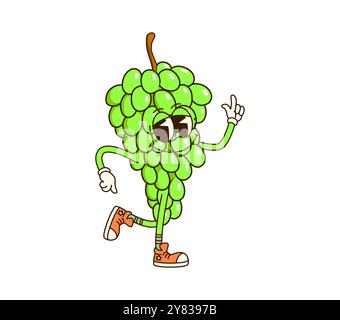 Personnage de fruit de raisin rétro de dessin animé avec des yeux expressifs et des baskets. Les raisins verts mûrs vectoriels isolés regroupent des personnages vintage dansant joyeusement, souriant et faisant des gestes avec des vibrations excentriques Illustration de Vecteur