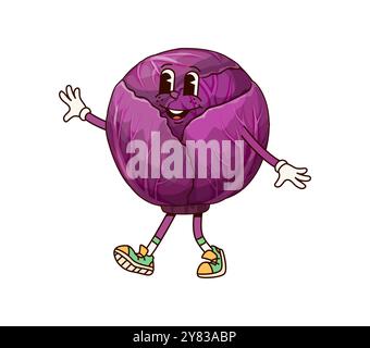 Chou rouge groovy caractère végétal. Cartoon Vector chou joyeux, ludique et original avec une expression heureuse, portant des baskets colorées et agitant avec les deux bras, respire une ambiance amusante et rétro Illustration de Vecteur