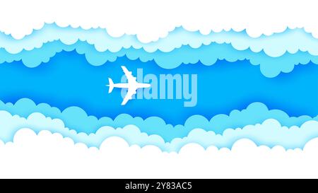 Avion coupé en papier dans des nuages de ciel blanc. Vector Papercut avion volant dans le ciel bleu vif entouré de blanc, cadre de nuages 3d, transmet un sentiment de voyage, d'aventure, d'aviation et de transport aérien Illustration de Vecteur