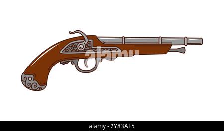 Fusil mousquet, pirate groovy de dessin animé rétro et pistolet vintage corsair. Vieux revolver à poudre vecteur isolé, arme antique pour mousquetaire, cow-boy ou filibuster. Arme de poing dans le style funky hippie nostalgique y2k Illustration de Vecteur