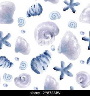 Motif aquarelle sans couture de tourbillons bleus abstraits et de formes nuageuses isolées. Coquillages, coup de pinceau et étoiles de mer dans des couleurs douces peintes à la main Banque D'Images