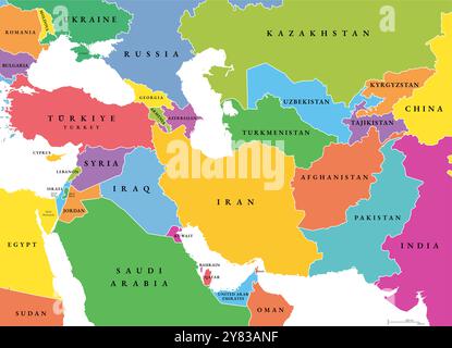 Asie du Sud-Ouest, carte politique avec des silhouettes multicolores de pays uniques. Aussi appelée Asie occidentale, occidentale ou du Sud-Ouest, une sous-région. Banque D'Images