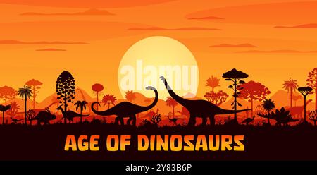 Silhouettes géantes de dinosaures sur le paysage de coucher de soleil. Vecteur de fond préhistorique avec des ombres d'espèces Dino de terrain errant devant un grand soleil orange dans les arbres du ciel crépusculaire, les rochers et les plantes de temps anciens Illustration de Vecteur