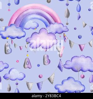 A stitched rainbow with clouds and letters BABY, garland flags, dots hanging from ropes in blue, purple and pink. Cute hand drawn watercolor Banque D'Images