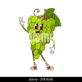 Personnage de baies de fruits de raisin groovy de dessin animé. Vecteur isolé de grappe de raisins verts mûrs personnages portant des baskets et des gants rétro, souriant joyeusement et clignotant signe de paix avec des vibrations amusantes et excentriques Illustration de Vecteur