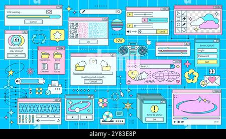 Fenêtres de pc d'ordinateur Y2K, interface de page rétro, interface vectorielle. Vieilles icônes d'écran d'ordinateur de bureau, fenêtres de navigateur y2k vaporwave, message d'avertissement d'erreur, dialogue de logiciel esthétique et boîtes de chat Illustration de Vecteur