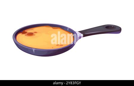 Poêle à frire avec une crêpe partiellement cuite à l'intérieur. Processus de cuisson vectorielle de dessin animé isolé ou scène de petit déjeuner avec préparation de friandises sucrées, mettant l'accent sur les activités de cuisine et de cuisine Illustration de Vecteur