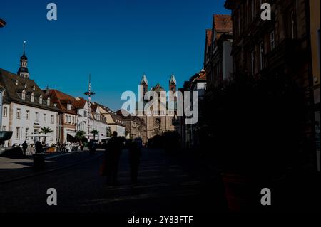 Dom in Speyer mit Maibaum in der Maximilianstraße , Deutschland, Rhénanie-Palatinat, Speyer, 02.10.2024, Wetter, Die Maximilianstraße in Speyer mit Blick auf den Dom, während eine Schar Tauben Tauben über dem Dom fliegt, an einem sonnigen Herbsttag *** Cathedral in Speyer with maypole in Maximilianstraße , Allemagne, Rhénanie-Palatinat, Speyer, 02 10 2024, météo, le Maximilianstraße à Speyer avec vue sur la cathédrale, tandis qu'un troupeau de pigeons survole la cathédrale, par un jour d'automne ensoleillé Banque D'Images