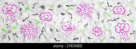 Motif coloré avec un crayon de cire dessinant un nuage pluvieux, un nuage de langue et une fleur drôle et le soleil sur du papier froissé. Enfants dessinant rose, vert Illustration de Vecteur