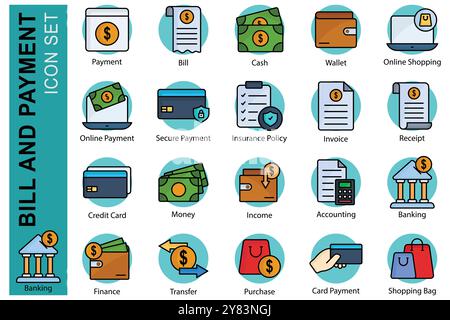 Jeu d'icônes de contour coloré de paiement. icône associée à la facture et au paiement. paiement, facture, bash, portefeuille et plus encore. illustration vectorielle d'élément métier Illustration de Vecteur