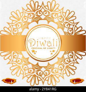 Happy Diwali affiche de couleur dorée en art mandala avec huile diya Illustration de Vecteur