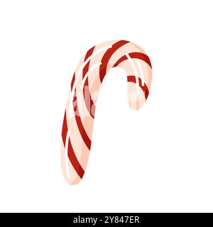 Canne à bonbons de Noël avec des rayures rouges et blanches dans le style de dessin animé. Icône Fêtes pour les cartes de vœux. Isolé sur fond blanc. Illustration de Vecteur
