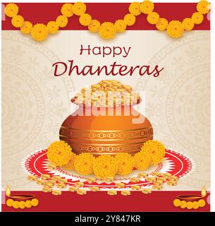 Joyeux fond de célébration de Dhanteras avec kalash avec pièce d'or Illustration de Vecteur