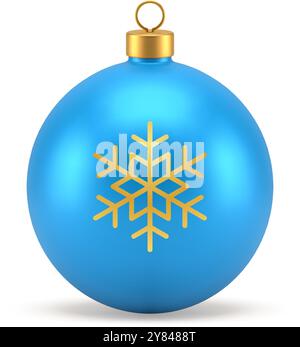 Boule de Noël 3d jouet bleu avec flocon de neige doré orné et icône de boucle illustration vectorielle réaliste. Boule de luxe avec cristal de glace flocons de neige décoratif Illustration de Vecteur