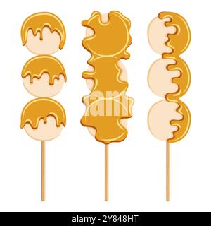 Ensemble d'illustration de couleur avec mochi dessert de riz japonais sur bâton avec sauce. Objet vectoriel isolé sur fond blanc. Illustration de Vecteur