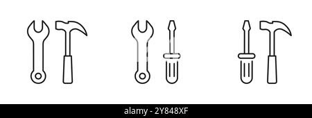 Jeu d'icônes de ligne d'outils comprenant une clé, un marteau et un tournevis pour l'entretien et la réparation. Boîte à outils pour les tâches de maintenance définir la collection de symboles Illustration de Vecteur