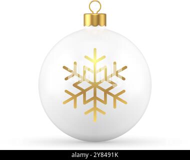 Jouet blanc de boule de Noël de luxe avec flocon de neige doré et boucle 3d icône illustration vectorielle réaliste. Élégant élément de décoration premium de Noël nouvel an pour Illustration de Vecteur