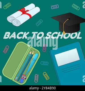 Illustration vectorielle avec fournitures scolaires et casquette de graduation avec diplôme. Parfait pour les designs, bannières et affiches de rentrée scolaire. Illustration de Vecteur