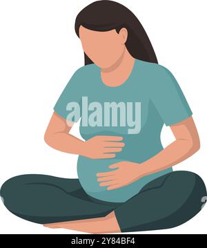 Femme enceinte assise et touchant son ventre, concept de grossesse et de naissance, isolé Illustration de Vecteur