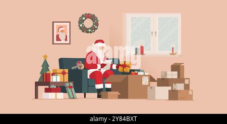 Père Noël préparant des cadeaux de Noël pour la livraison, il est assis sur le canapé et met des cadeaux dans des boîtes de livraison Illustration de Vecteur