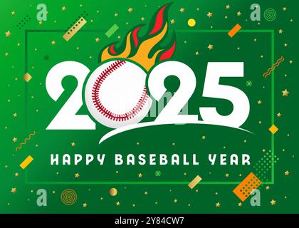 Bonne année de baseball 2025 avec un ballon flamboyant. Concept de logo Premium avec des éléments de style memphis et des étoiles. Conception de compétition ou de tournoi vectoriel Illustration de Vecteur