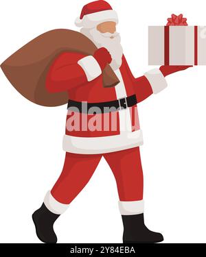 Joyeux Père Noël portant un cadeau et le sourire, vacances et célébrations concept, isolé Illustration de Vecteur