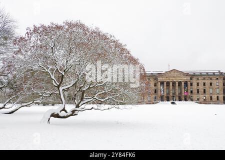 Arbre couvert de neige devant un bâtiment historique en hiver, Wilhelmshoehe Palace, Bergpark Wilhelmshoehe, Hesse, Allemagne, Europe Banque D'Images