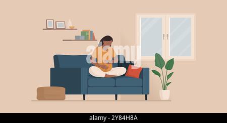 Femme enceinte assise sur le canapé à la maison et touchant son ventre, grossesse et concept de soins de santé Illustration de Vecteur