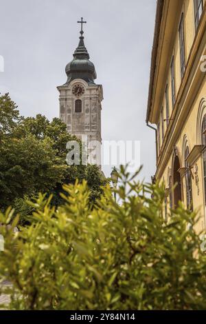 Belle ville et rue photographiée avec l'église Saint François. Centre-ville historique de jour. Météo estivale dans la ville de cinq églises, Pecs, Hongrie, Euro Banque D'Images