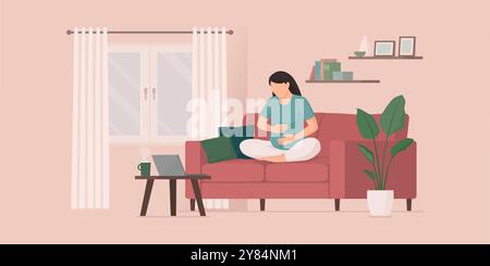 Femme enceinte assise sur le canapé à la maison et touchant son ventre, grossesse et concept de soins de santé Illustration de Vecteur