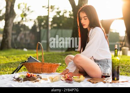 fille mince aux cheveux rougeâtres profitant de son pique-nique avec un beau coucher de soleil en arrière-plan Banque D'Images