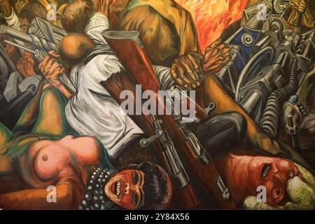 MEXICO, Mexique — Un segment d'une peinture murale de Jose Clemente Orozco de 1934-35 intitulée 'Catharsis' (Katharsis). Le Palacio de Bellas Artes abrite le Théâtre national du Mexique. Avec un extérieur qui est un mélange de style néo classique et Art Nouveau et un intérieur qui est Art Déco, il est largement considéré comme le plus beau bâtiment de Mexico. Il date du début du XXe siècle et se trouve dans le quartier Centro Historical de Mexico qui est désigné comme site du patrimoine mondial de l'UNESCO. Banque D'Images