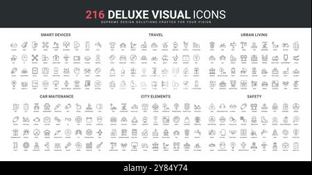 Service de réparation et d'entretien de voiture, vie urbaine et éléments de ville, ensemble d'icônes de ligne de voyage. Équipement et vêtements de travail de santé et de sécurité des personnes, illustration vectorielle de symboles de contour noir mince des appareils intelligents Illustration de Vecteur